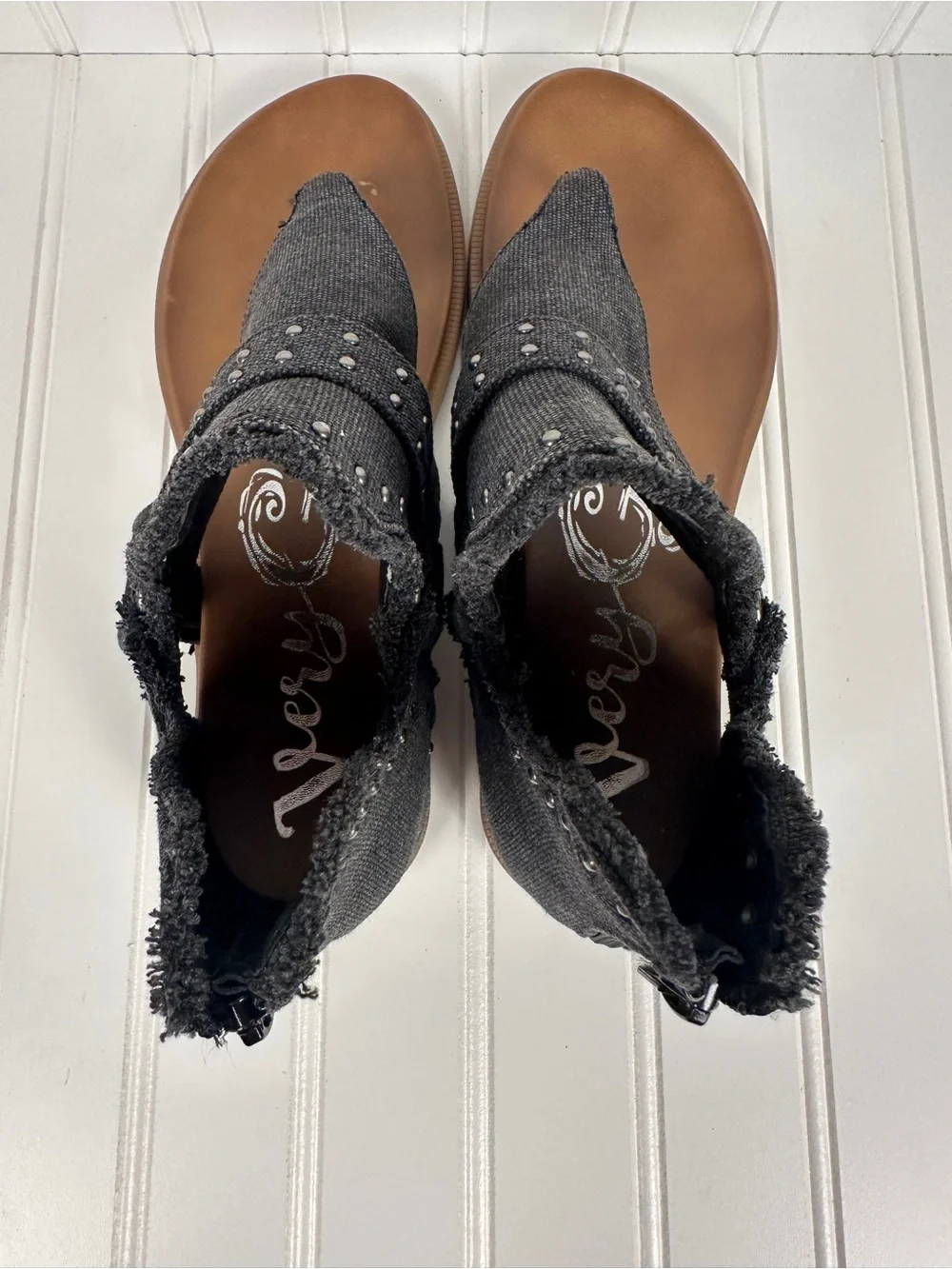 Very G Black Studded Canvas Thong Sandals with Brown Footbed